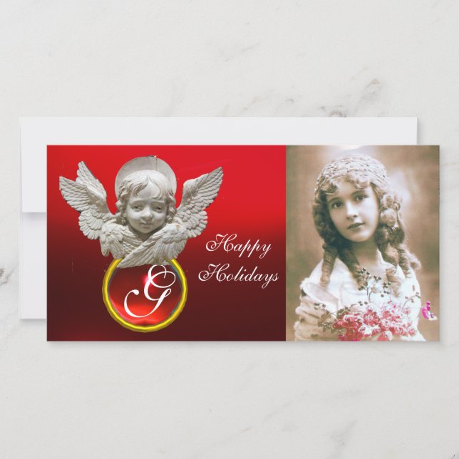 Cartão De Festividades FLORENTINE RENAISSANCE ANGEL Red Ruby Gem Monogram (Frente)