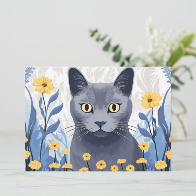 Cartão De Festividades Flores Amarelas do Gato Azul Russo (Em pé/Frente)