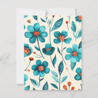 Cartão De Festividades Flores Azul Turquesa em Aquarela