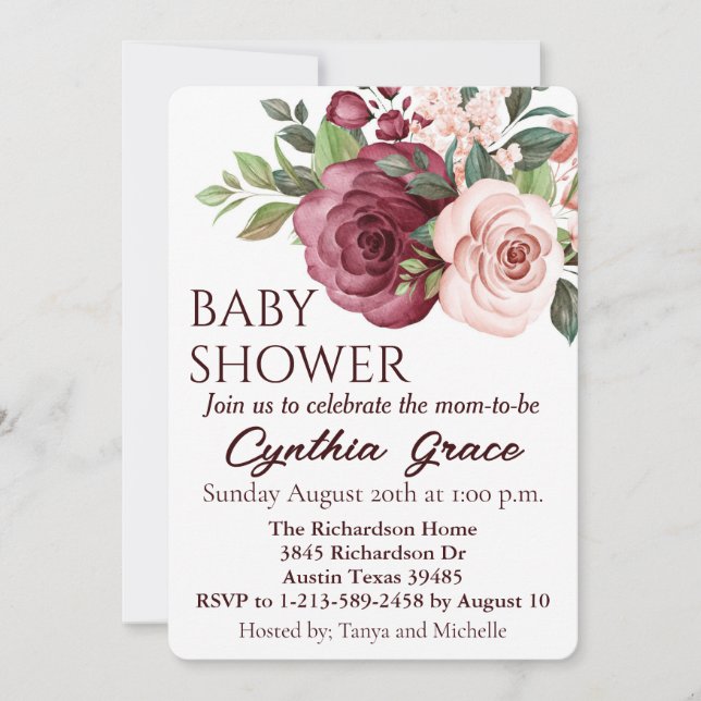 Cartão De Festividades Flores bonito de Borgonha e de Aquarela Rosa (Frente)