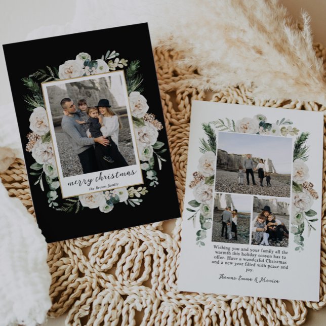 Cartão De Festividades Flores brancas do inverno | Foto Preta e Branca (Criador carregado)