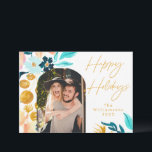 Cartão De Festividades Flores de Aquarela Azuis e Douradas | 1 Foto Elega<br><div class="desc">Cartão de Férias de Foto Floral Boho Azul Teal e Dourado</div>