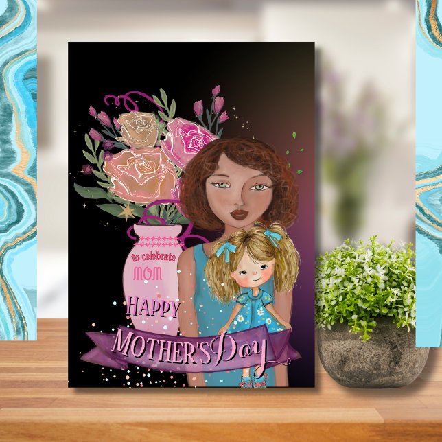 Cartão De Festividades Flores de Aquarelas Mãe Whimsical (Mother, Daughter & Flowers _ Happy Mother's Day Holiday Card)