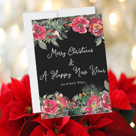 Cartão De Festividades Flores de Natal Vermelhas Elegantes em Fundo Preto