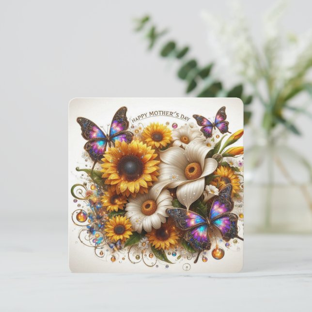 Cartão De Festividades Flores e Borboleta do Dia das Mães (Em pé/Frente)