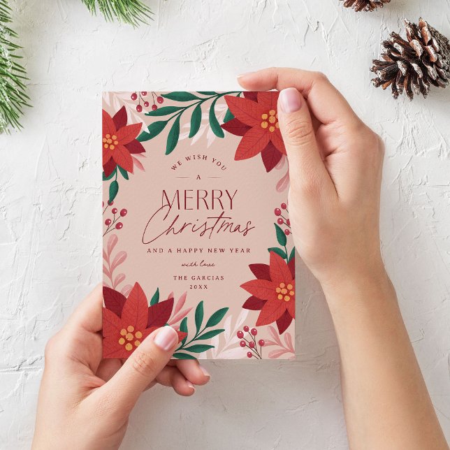 Cartão De Festividades Flores Festivas de Poinsettia no Natal (elegant and classy christmas card with poinsettia flowers)