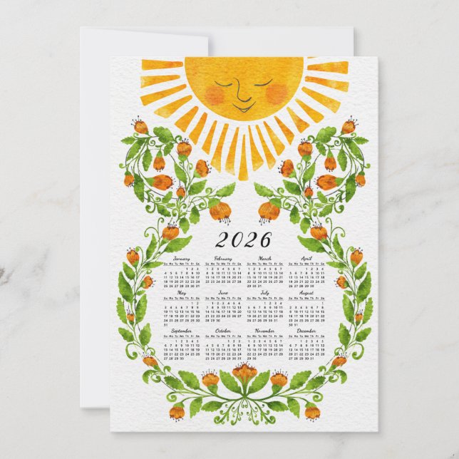 Cartão De Festividades Flores Laranja e Sun Calendar 2026 (Frente)