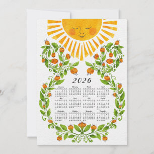 Cartão De Festividades Flores Laranja e Sun Calendar 2026