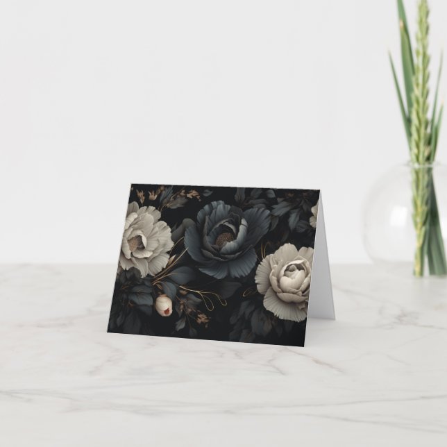 Cartão De Festividades Flores Pretas e Brancas (Frente)