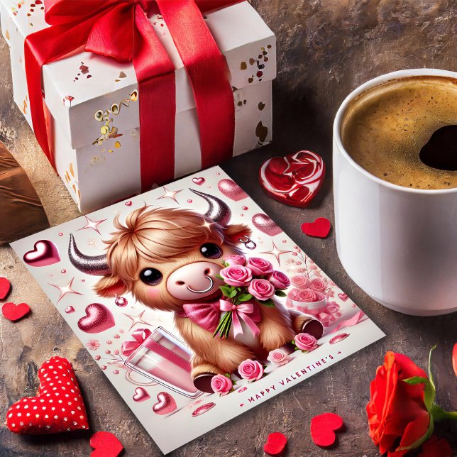 Cartão De Festividades Flores Românticas do Touro das Terras Altas no Dia (Criador carregado)