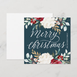 Cartão De Festividades Flores Vermelhas e Verdura Dourada Natal Azul Prof