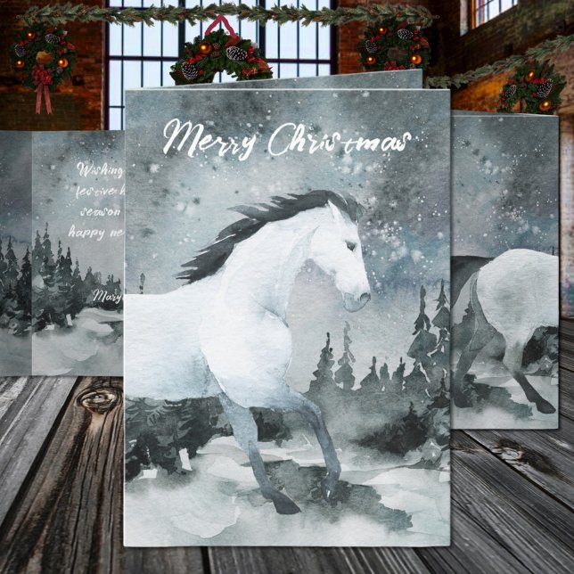 Cartão De Festividades Floresta Branca de Floresta de inverno Feliz Natal (Winter Woodland Forest White Horse Merry Christmas Holiday Card. Edit this text front & inside card.)