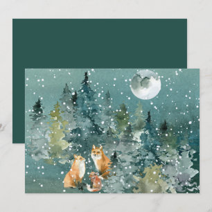 Cartão De Festividades Floresta da Família Raposa Luar Cheio Neve Aquarel