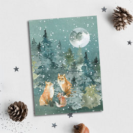 Cartão De Festividades Floresta da Família Raposa Luar de Neve Aquarela