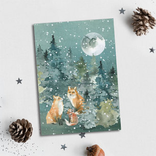 Cartão De Festividades Floresta da Família Raposa Luar de Neve Aquarela