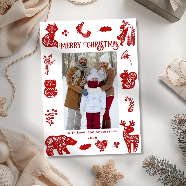 Cartão De Festividades Floresta de Arte Popular Escandinava Animais da Fl (Criador carregado)