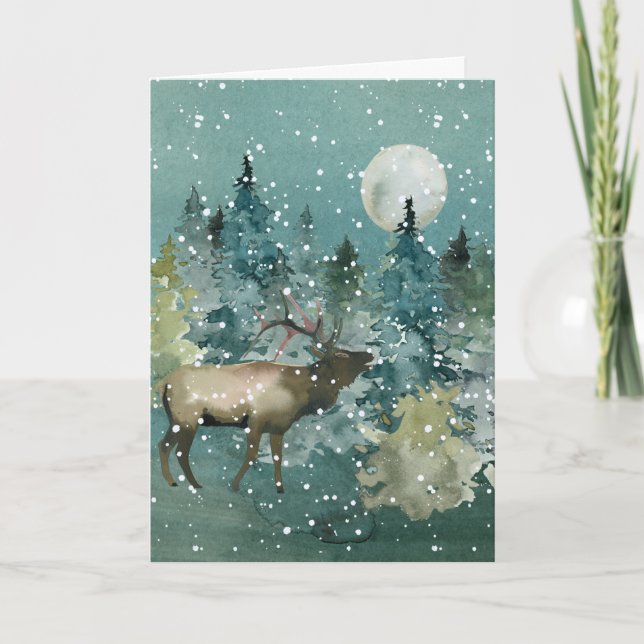 Cartão De Festividades Floresta de Elk Completa Lua Lena Neve Aquarela (Frente)