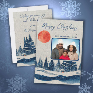 Cartão De Festividades Floresta de Inverno Rústica Lua Família Foto Natal
