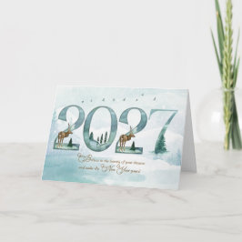 Cartão De Festividades Floresta de Madeira de Ano Novo 2027 com Veados e 