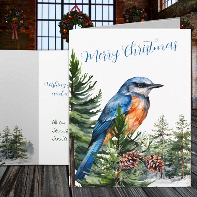 Cartão De Festividades Floresta de Pinheiros de Pinheiros-Bluebird Orient (Winter Woodland Eastern Bluebird Pine Tree Forest Holiday Card)