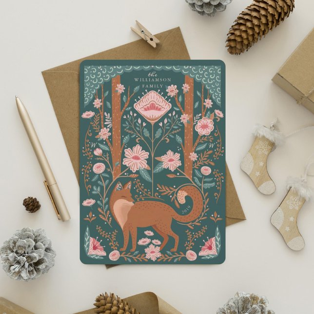Cartão De Festividades Floresta Floral de Natal Fox Folk Art Green (Christmas Floral Woodland Fox Folk Art Green Holiday Card)