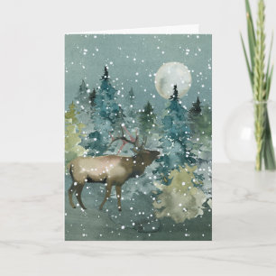 Cartão De Festividades Floresta Majestosa de Alces Luar Cheio de Neve Aqu