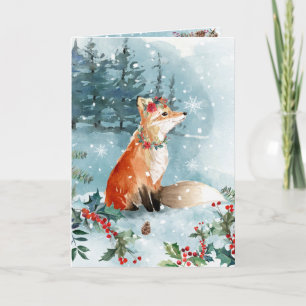 Cartão De Festividades Floresta Neve Raposas Azul Moderna Floral