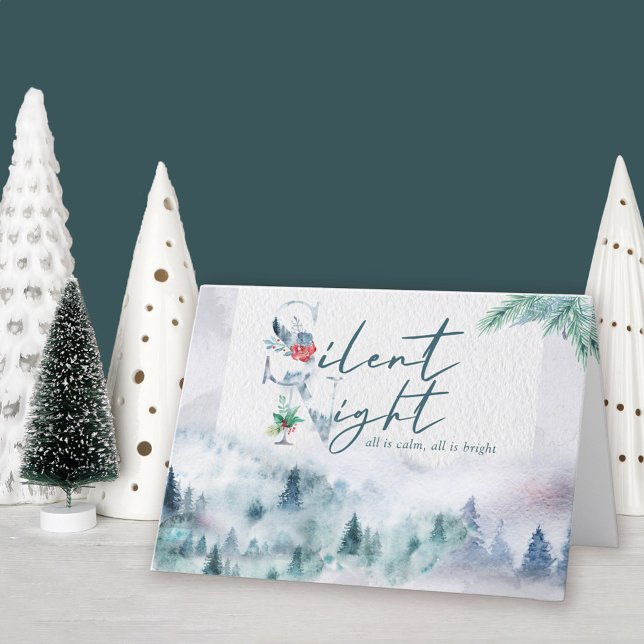 Cartão De Festividades Floresta Silenciosa Noturna de Mistura de Pinheiro (Silent Night holiday card available professionally printed or as printable digital download)