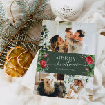 Cartão De Festividades Floresta Verde Botânica 3 Foto Feliz Natal<br><div class="desc">Esta coleção apresenta florais vermelhos de aquarela,  bagas e verde de inverno com tipografia moderna e elegante,  com padrão botânico de inverno.</div>