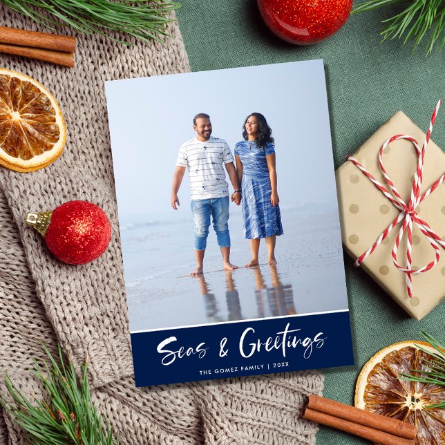 Cartão De Festividades Flórida Beach Blue Stripe Family Foto Natal (Florida Beach Blue Stripe Family Photo Christmas Holiday Card)