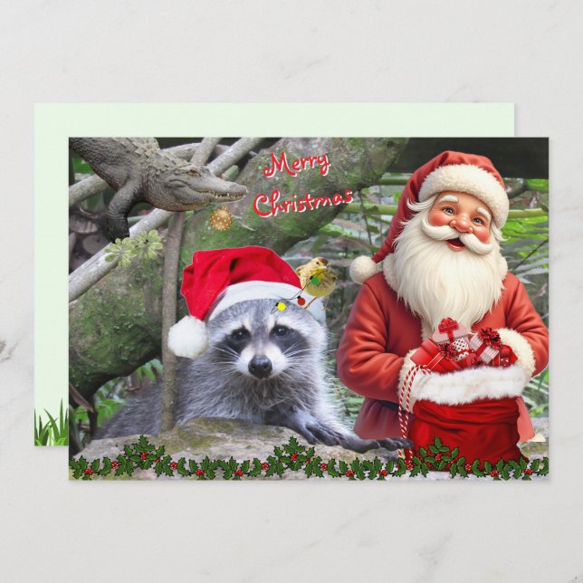 Cartão De Festividades Florida Raccoon, Gator, and Santa Flat Card (Frente/Verso)