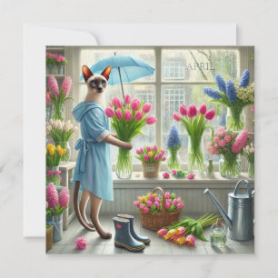 Cartão De Festividades Florista de Gato com Tulipa Rosa para Saudação de