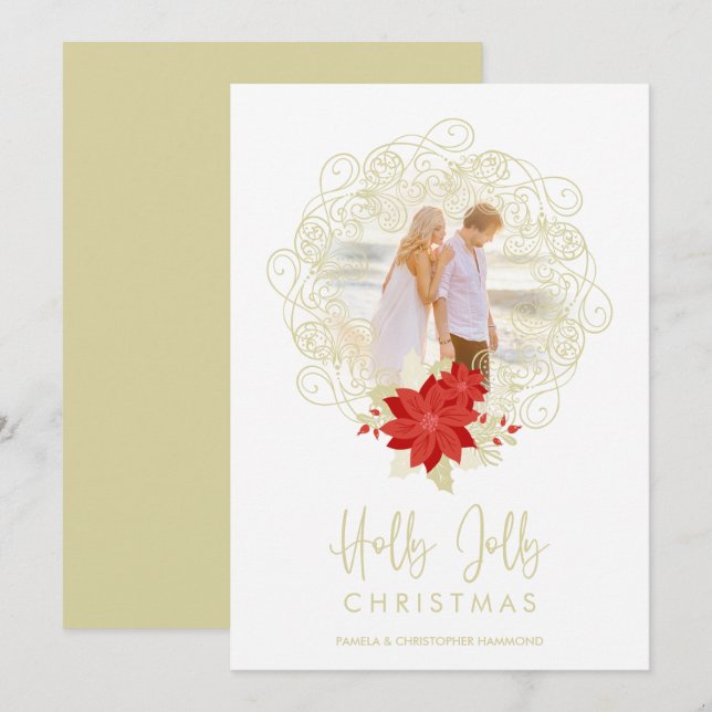 Cartão De Festividades Flourish Ouro Ornament Foto de Natal (Frente/Verso)