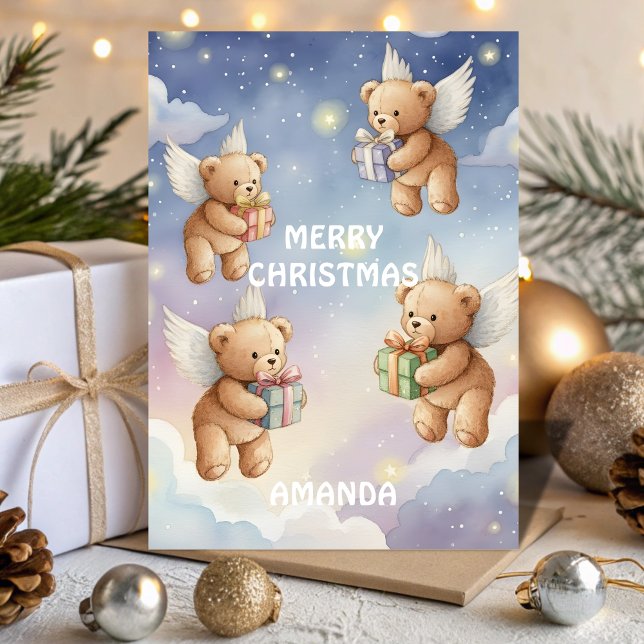 Cartão De Festividades Flying Christmas Teddy Bears Kids Card (Criador carregado)