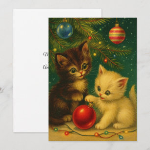 Cartão De Festividades Fofos Gatinhos Sob a Árvore de Natal Retrô