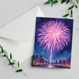 Cartão De Festividades Fogos de Artifício Roxos Ano Novo em Aquarela