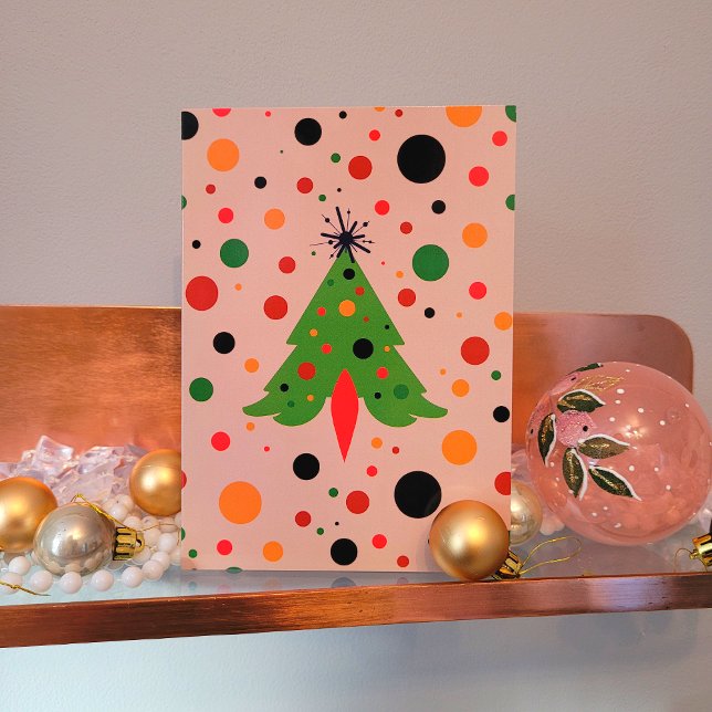 Cartão De Festividades Foguete Retro da Árvore de Natal Moderna do meio s (Mid Century Modern Retro Atomic Rocket Christmas Card Front View)