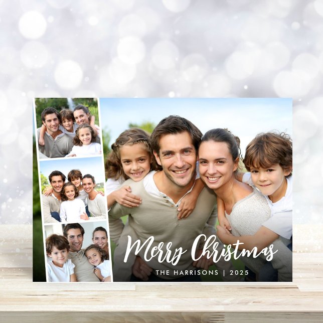 Cartão De Festividades Folha de Fotografias de Script Branco Feliz de Nat (Share the love and warmth of the season with your personalized photo Christmas card)