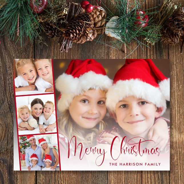 Cartão De Festividades Folha de Fotografias do Script Vermelho 4 Feliz Na (This holiday season, let your family's smiles and heartwarming memories shine on our 4 photo card)