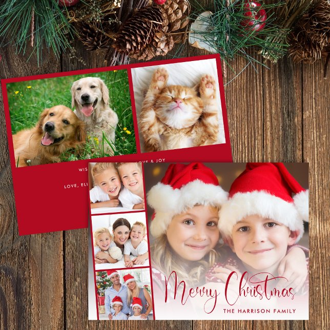 Cartão De Festividades Folha de Fotos de Script Vermelho Feliz de Natal (Share the love and warmth of the season with your personalized photo Christmas card)