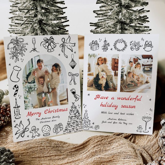 Cartão De Festividades Folha de Natal Desenhada à Mão Vermelho de Natal (Criador carregado)