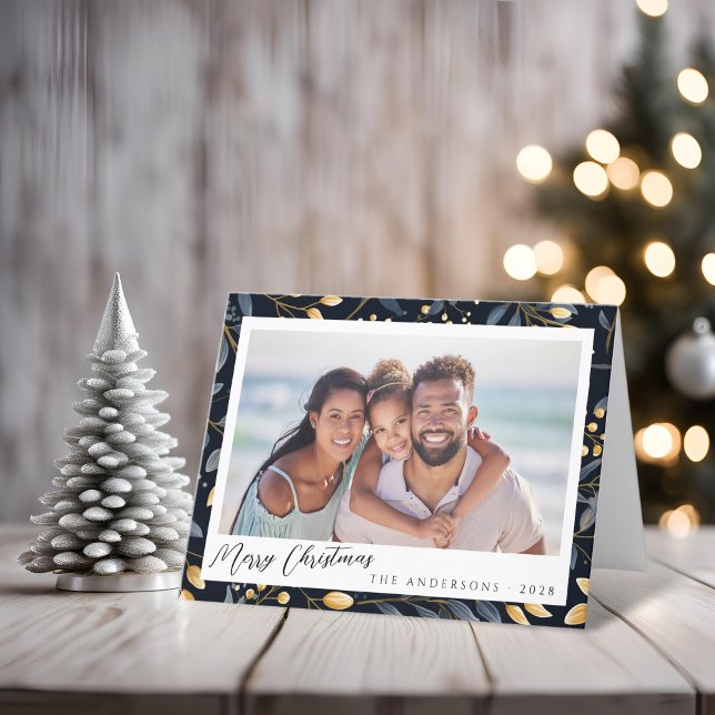 Cartão De Festividades Folha De Natal Dourada E Azul Elegante Foto Dobrad (Blue and Gold Leaves Christmas Folded Card)