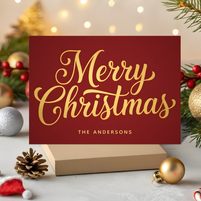 Cartão De Festividades Folha Dourada Retro Script Feliz Natal (Criador carregado)