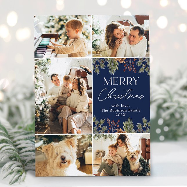 Cartão De Festividades Folhagem Azul Elegante 5 Foto Natal (Criador carregado)