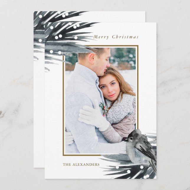 Cartão De Festividades Folhagem Azul-Inverno Russa Foto de Natal Feliz (Frente/Verso)