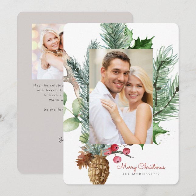 Cartão De Festividades Folhagem Botânica de Inverno 2 Foto Plana (Frente/Verso)