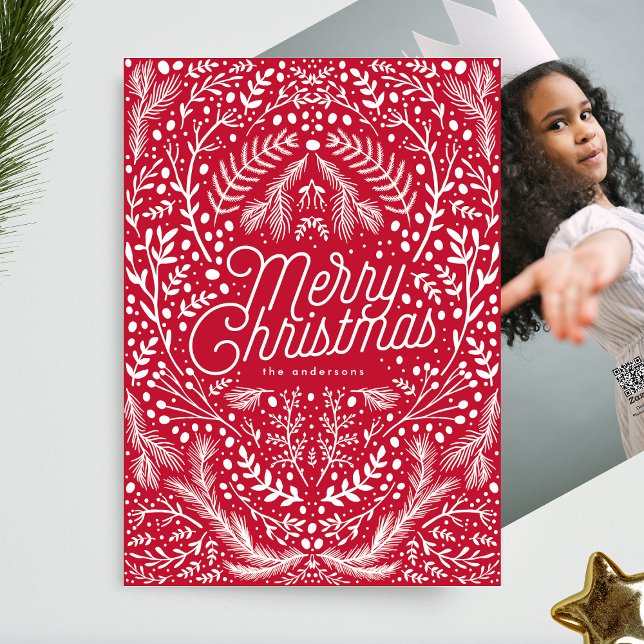 Cartão De Festividades Folhagem Branca Vermelha e Berries Sem Foto Natal (Criador carregado)