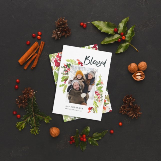 Cartão De Festividades Folhagem de aquarela abençoada 1 foto de natal ver (Criador carregado)