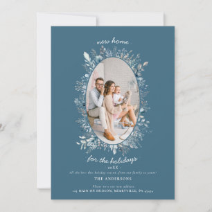 Cartão De Festividades Folhagem de Inverno Azul Empoeirado Foto da Famíli