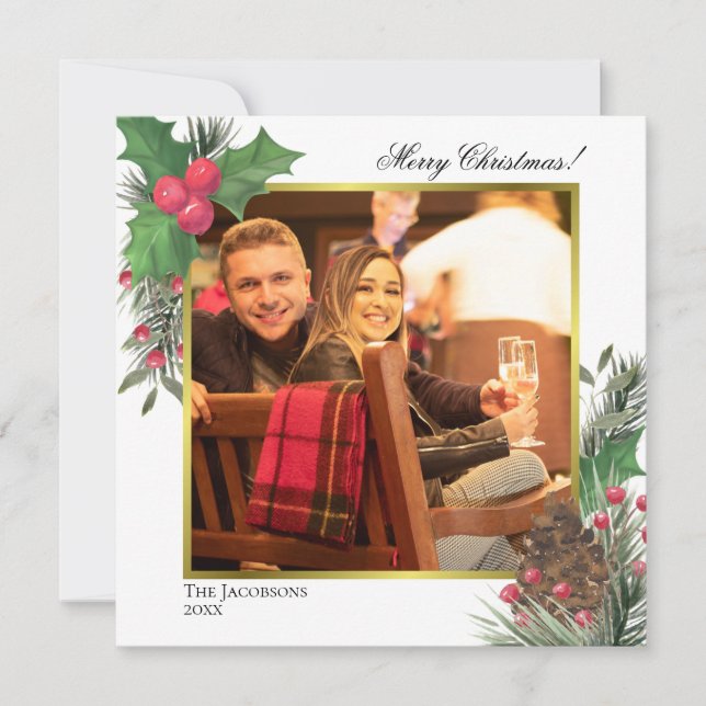 Cartão De Festividades Folhagem de inverno festiva Holly Berries e Pine F (Frente)